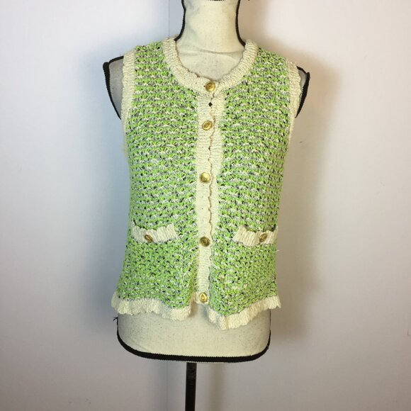 Zara Sweaters - Zara Vest Sweater Size M Womans Green Cream Crochet Knit Gold Buttons Sleeveless